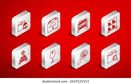 Set line Search package, Delivery with umbrella, Warehouse, Cardboard boxes on pallet, Cargo ship, Fragile broken glass and Scale cardboard icon. Vector