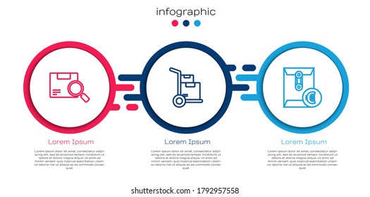 Set line Search package, Hand truck and boxes and Envelope with euro symbol. Business infographic template. Vector