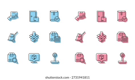 Conjunto de línea de Búsqueda de paquete, Locación con caja de cartón, mano de entrega, escala, cartón, calendario de cartón, cajas de camión de mano y el icono de servicios de entrega a domicilio. Vector