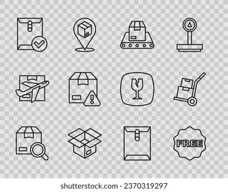 Set line Search package, rice tag with Free, Conveyor belt box, Unboxing, Envelope and check mark, Delivery security shield,  and Hand truck boxes icon. Vector