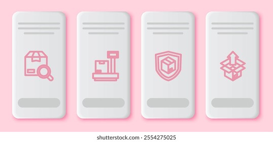 Set line Search package, Scale with cardboard box, Delivery security shield and Unboxing. White rectangle button. Vector