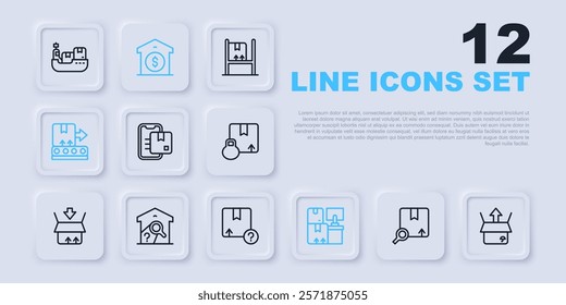 Set line Search package, Unboxing, Document tracking marker, Warehouse with boxes, Conveyor belt, check, price and Carton cardboard icon. Vector