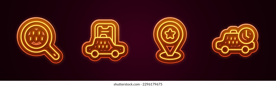 Set line Search taxi, Taxi mobile app, Location with star and waiting time. Glowing neon icon. Vector