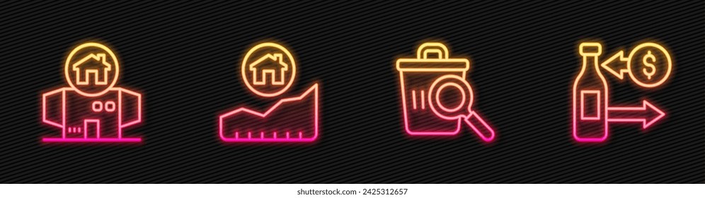 Set line Searching for food, Homeless cardboard house, Rising cost of housing and Reception glass bottles. Glowing neon icon. Vector