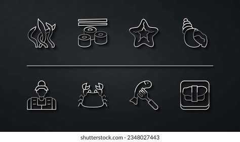 Set line Seaweed, Fisherman, Scallop sea shell, Served fish on plate, Crab, Sushi, cutting board and Starfish icon. Vector