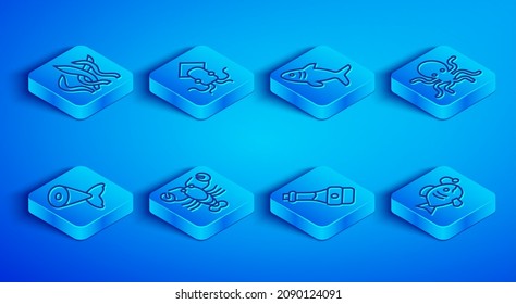 Set line Seaweed, Octopus, Shark, Lobster, Soy sauce bottle, Fish tail and Tropical fish icon. Vector
