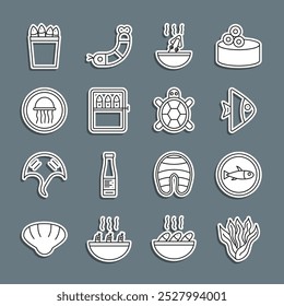 Set line Seaweed, Served fish on plate, Fish, Soup with octopus, Canned, Jellyfish, Fishing bucket fishes and Turtle icon. Vector