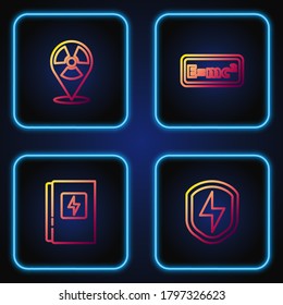 Set line Secure shield with lightning, Electrical panel, Radioactive location and Equation solution. Gradient color icons. Vector