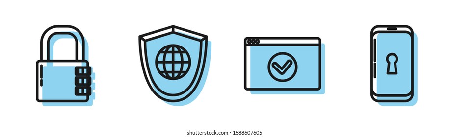 Set line Secure your site with HTTPS, SSL, Safe combination lock , Shield with world globe  and Smartphone with lock  icon. Vector