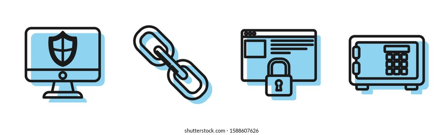Set line Secure your site with HTTPS, SSL, Computer monitor and shield , Chain link  and Safe  icon. Vector