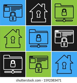 Set line Secure your site with HTTPS, SSL, FTP folder and lock  and House under protection  icon. Vector