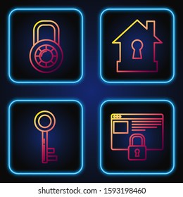 Set line Secure your site with HTTPS, SSL, Key , Safe combination lock wheel  and House under protection . Gradient color icons. Vector