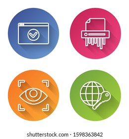 Set line Secure your site with HTTPS, SSL, Paper shredder confidential, Eye scan  and Globe key . Color circle button. Vector
