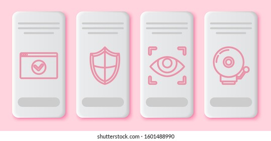 Set line Secure your site with HTTPS, SSL, Shield , Eye scan  and Ringing alarm bell . White rectangle button. Vector
