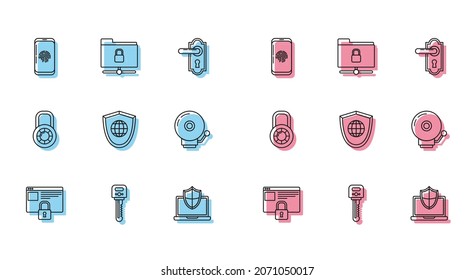 Set line Secure your site with HTTPS, Key, Smartphone fingerprint scanner, Laptop protected shield, Shield world globe, Ringing alarm bell, Safe combination lock wheel and FTP folder and icon. Vector