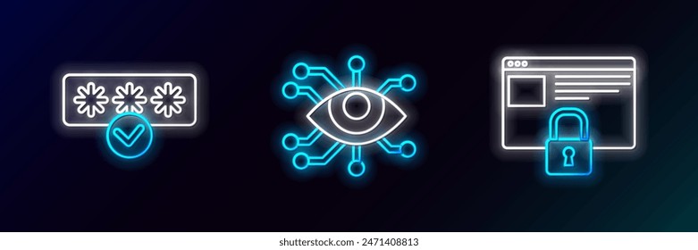 Asegure su sitio con HTTPS, SSL, protección de Contraseña y acceso de seguridad y Eye scan icon. Neón brillante. Vector