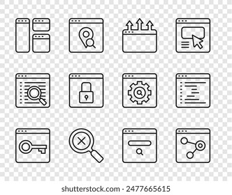 Set line Secure your site with HTTPS, SSL, Browser window, Magnifying glass and delete, Search engine and  icon. Vector