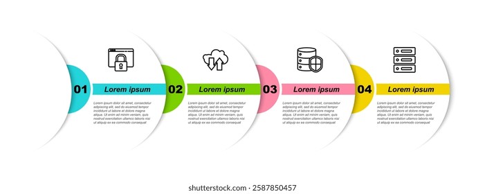 Set line Secure your site with HTTPS, SSL, Cloud download and upload, Server shield and Server, Data, Web Hosting. Business infographic template. Vector