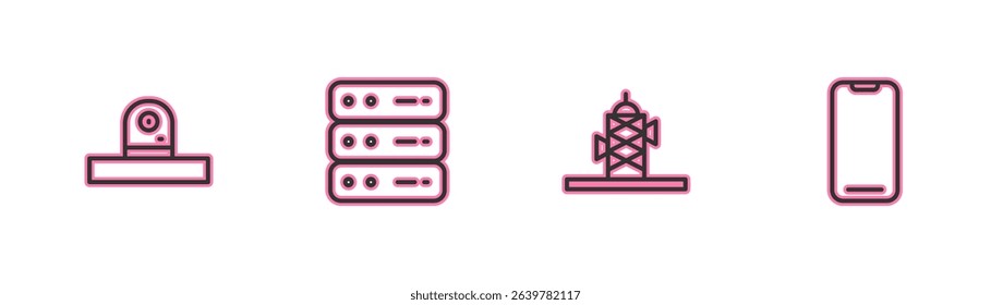 Set line Security camera, Antenna, Server, Data, Web Hosting and Smartphone icon. Vector