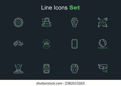 Set line Security camera, Artificial intelligence robot, Computer vision, Hologram, Global technology, Mobile phone, Network cloud connection and Fantastic flying car icon. Vector