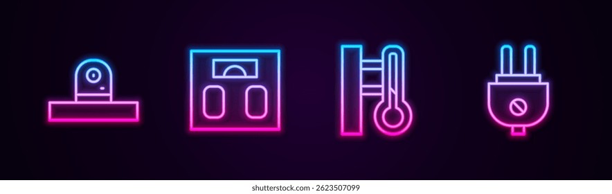 Set line Security camera, Bathroom scales, Meteorology thermometer and Electric plug. Glowing neon icon. Vector