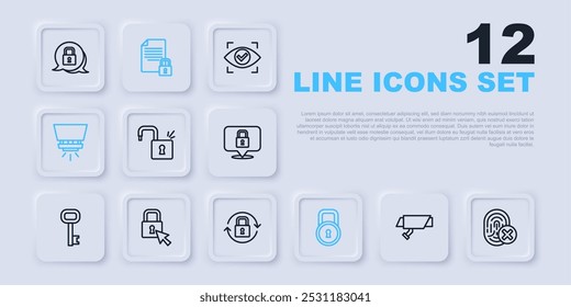 Set line Security camera, Cancelled fingerprint, Open padlock, Lock, Fire sprinkler system, Document and and  icon. Vector