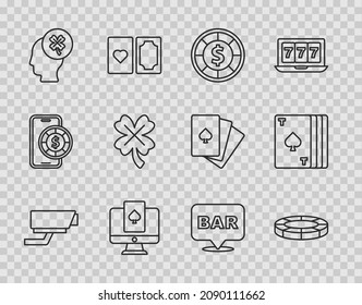 Set line Security camera, Casino chips, Online poker table game, slot machine with clover, Alcohol bar location and Deck of playing cards icon. Vector