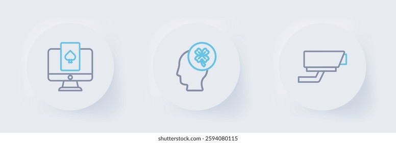 Set line Security camera, Casino slot machine with clover and Online poker table game icon. Vector