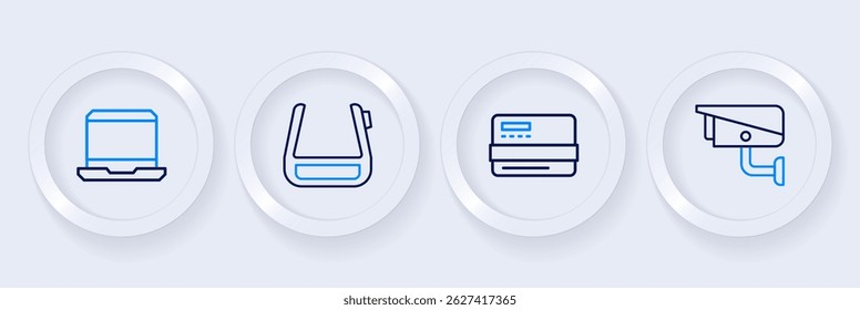 Set line Security camera, Credit card, Smart glasses on spectacles and Laptop icon. Vector