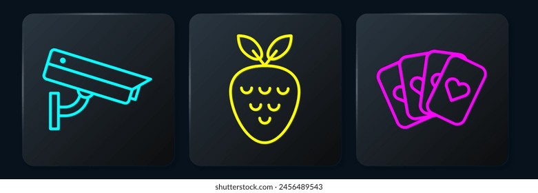 Set line Security camera, Deck of playing cards and Casino slot machine with strawberry. Black square button. Vector