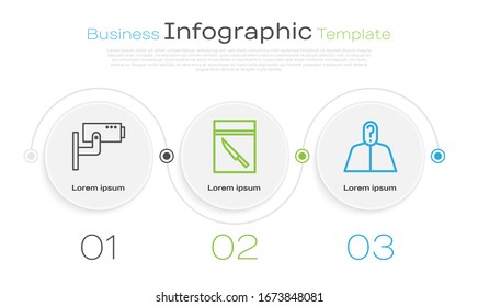 Set line Security camera, Evidence bag and knife and Anonymous with question mark. Business infographic template. Vector
