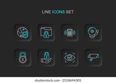 Set line Security camera, Eye scan, Lock, Ringing alarm bell, keypad access panel, Folder and lock and Shield with world globe icon. Vector