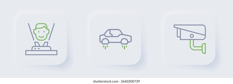 Set line Security camera, Fantastic flying car and Hologram icon. Vector
