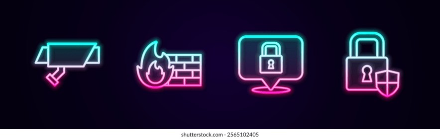 Set line Security camera, Firewall, security wall, Lock and Shield with lock. Glowing neon icon. Vector