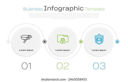Set line Security camera, Folder and lock and System bug. Business infographic template. Vector