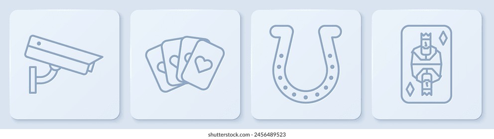 Set line Security camera, Horseshoe, Deck of playing cards and King playing card with diamonds. White square button. Vector