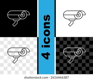 Set line Security camera icon isolated on black and white, transparent background.  Vector