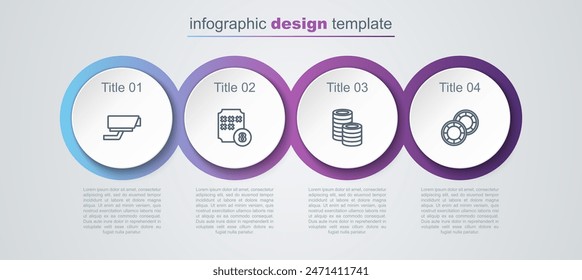 Set line Security camera, Lottery ball on bingo card, Casino chips and . Business infographic template. Vector