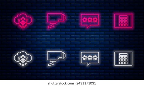 Set line Security camera, Password protection, Cloud and shield and . Glowing neon icon on brick wall. Vector