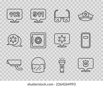 Set line Security camera, Police badge, Safety goggle glasses, helmet, Telephone call 112, Flashlight and assault shield icon. Vector
