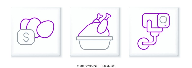 Set line Security camera, Price tag for egg and Roasted turkey chicken icon. Vector