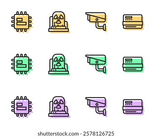 Set line Security camera, Processor CPU, Radioactive warning lamp and Credit card icon. Vector