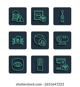Set line Security camera, Remote control, Smart coffee machine, Electric toothbrush, Voice assistant, home, Ringing alarm bell and Web icon. Vector