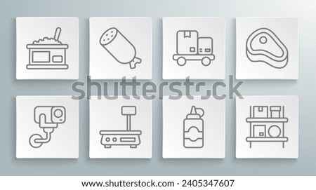 Set line Security camera, Salami sausage, Electronic scales, Sauce bottle, Warehouse interior with boxes, Hand truck and, Steak meat and Tin can caviar icon. Vector