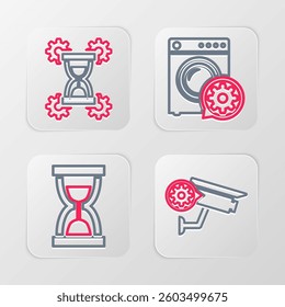 Set line Security camera setting, Old hourglass with sand, Washer and Hourglass icon. Vector