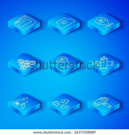 Set line Security camera, Spray can nozzle cap, Marker pen attachment, Paint spray, Paint, gouache, jar, dye and roller brush icon. Vector