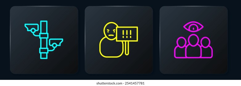 Set line Security camera, Spy, agent and Protest. Black square button. Vector