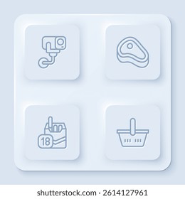 Set line Security camera, Steak meat, Cigarettes pack box and Shopping basket. White square button. Vector