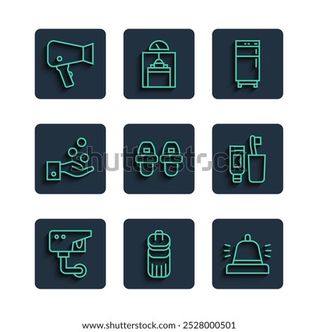 Set line Security camera, Trash can, Hotel service bell, Refrigerator, slippers, Paying tips, Hair dryer and Toothbrush and toothpaste icon. Vector