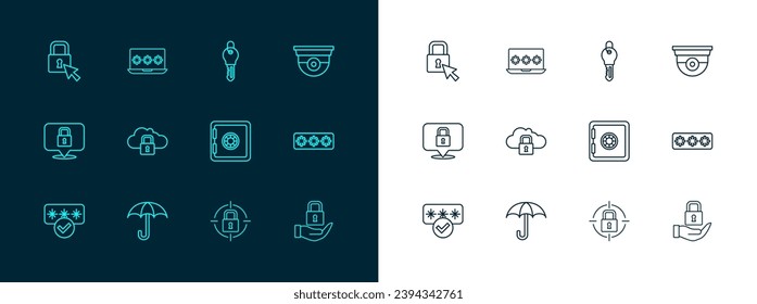 Set line Security camera, Umbrella, Safe, Lock, Cloud computing lock, Key,  and Laptop with password icon. Vector